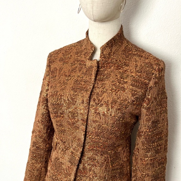 Vintage Festive 100% Silk Lined Gold & Brown Long Blazer Jacket - Picture 6 of 7